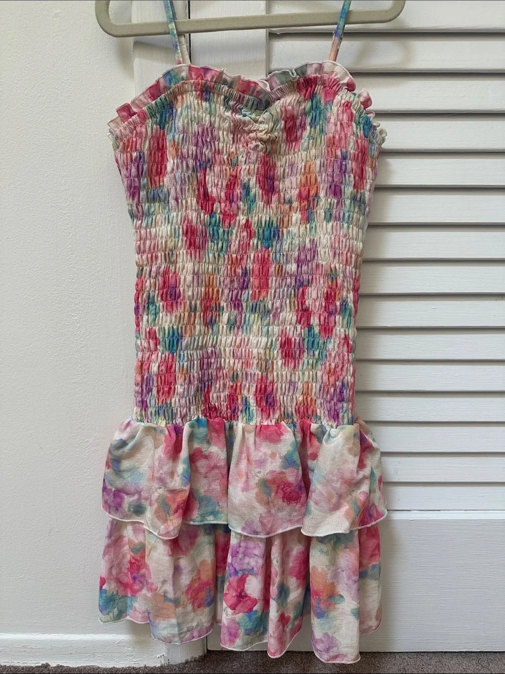Flowers by Zoe Pink Multi Watercolor Smocked Ruffle Dress